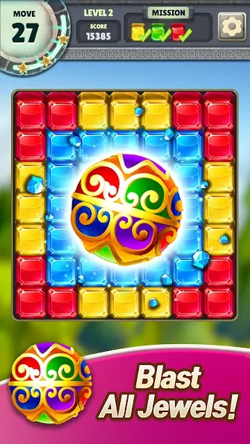 A block-clearing board with twenty-seven moves left, the level number and mission counters along the top