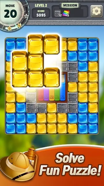 A board of yellow and blue blocks with twenty moves remaining and the score displayed